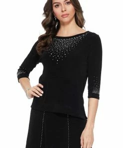 Jostar Non Iron Rhinestone Accent Long Sleeve Scoop Top-134AY-QRS1-R-R077