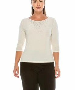 Jostar Non Iron Rhinestone Accent Long Sleeve Scoop Top-134AY-QRS1-R-R077