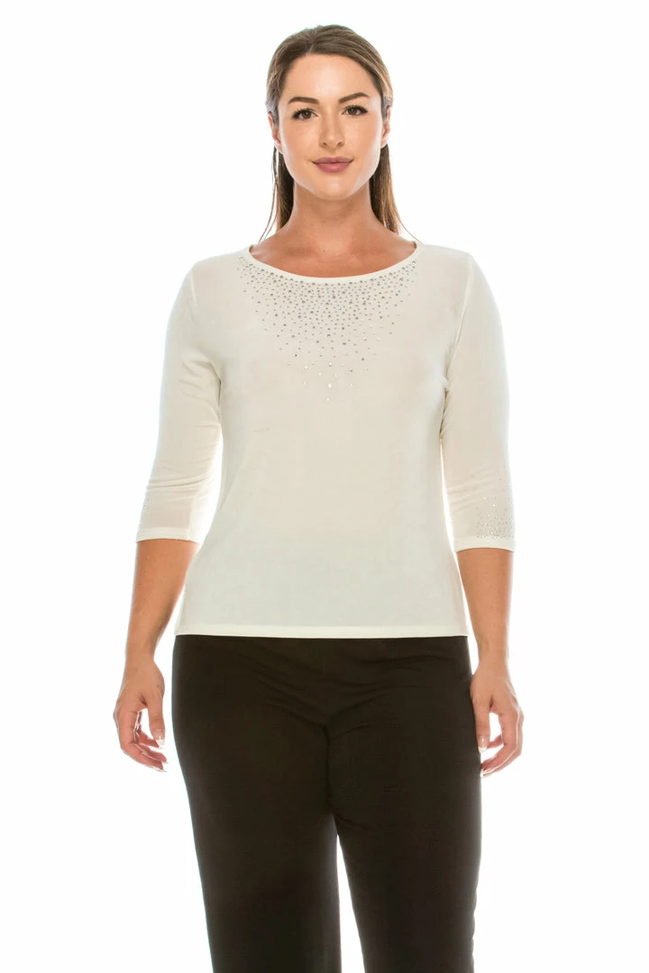 Jostar Non Iron Rhinestone Accent Long Sleeve Scoop Top-134AY-QRS1-R-R077