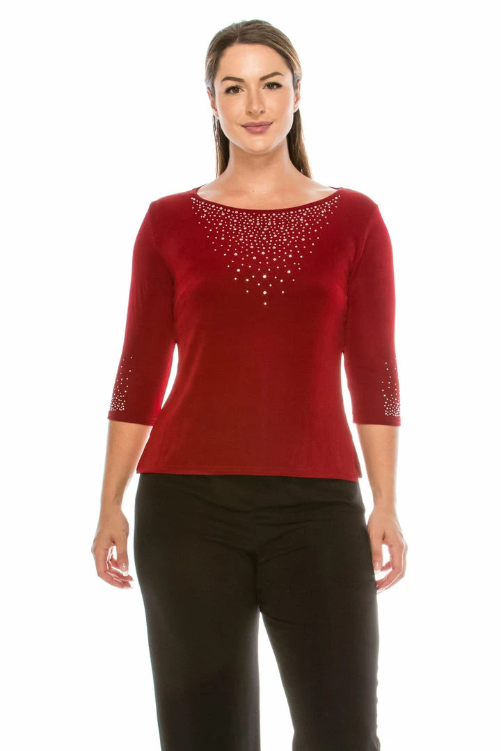 Jostar Non Iron Rhinestone Accent Long Sleeve Scoop Top-134AY-QRS1-R-R077