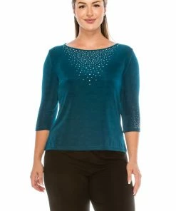 Jostar Non Iron Rhinestone Accent Long Sleeve Scoop Top-134AY-QRS1-R-R077