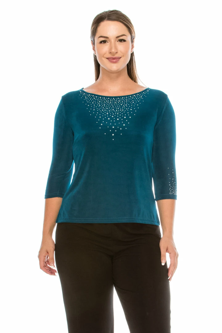 Jostar Non Iron Rhinestone Accent Long Sleeve Scoop Top-134AY-QRS1-R-R077
