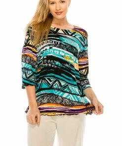 Tops Jostar Women's Stretchy Merrow Top 3/4 Sleeve Print Plus, 158BN-QXP-W194