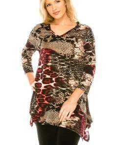 Jostar Bulgari V-Neck Binding Top 3/4 Sleeve Print-313BG-QRP1-W179 Tops