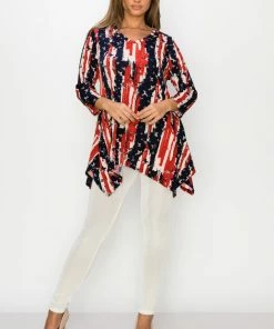 Jostar American Print V-Neck Binding Top 3/4 Sleeve- 313BN-QRP1-W306 Tops