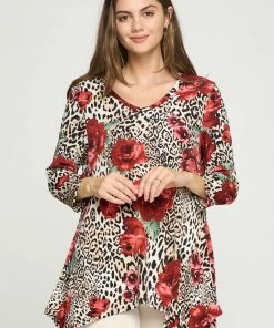 Jostar Online Jostar Women's Stretchy V-Neck Binding Top 3/4 Sleeve Print, 313BN-QRP1-W307 Tops