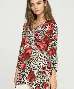Jostar Online Jostar Women's Stretchy V-Neck Binding Top 3/4 Sleeve Print, 313BN-QRP1-W307 Tops