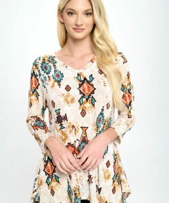 Jostar Tops Stretchy V-Neck Binding Top 3/4 Sleeve Print-313BN-QRP1-W317