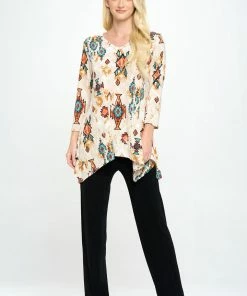 Jostar Tops Stretchy V-Neck Binding Top 3/4 Sleeve Print-313BN-QRP1-W317