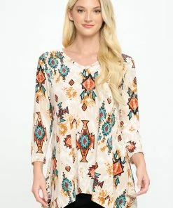 Jostar Tops Stretchy V-Neck Binding Top 3/4 Sleeve Print-313BN-QRP1-W317
