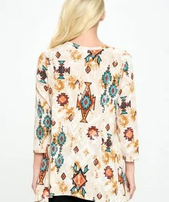 Jostar Tops Stretchy V-Neck Binding Top 3/4 Sleeve Print-313BN-QRP1-W317