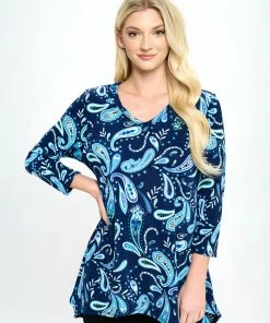 Jostar Tops Stretchy V-Neck Binding Top 3/4 Sleeve Print-313BN-QRP1-W323