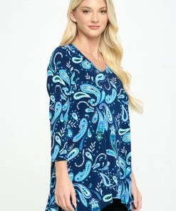 Jostar Tops Stretchy V-Neck Binding Top 3/4 Sleeve Print-313BN-QRP1-W323