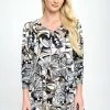 Jostar Stretchy V-Neck Binding Top 3/4 Sleeve Print-313BN-QRP1-W329