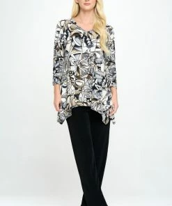 Jostar Stretchy V-Neck Binding Top 3/4 Sleeve Print-313BN-QRP1-W329