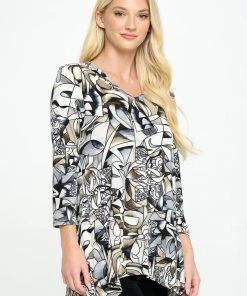 Jostar Stretchy V-Neck Binding Top 3/4 Sleeve Print-313BN-QRP1-W329