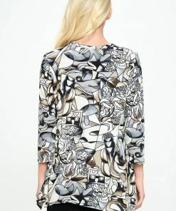 Jostar Stretchy V-Neck Binding Top 3/4 Sleeve Print-313BN-QRP1-W329