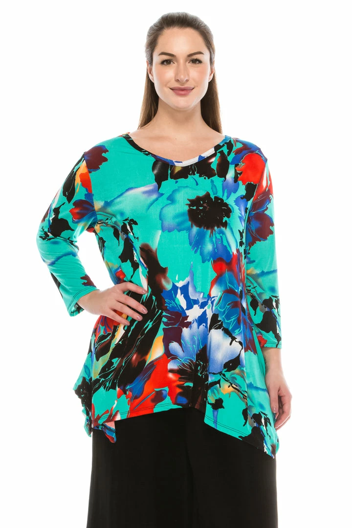 Jostar Women's Stretchy V-Neck Binding Top 3/4 Sleeve Print, 313BN-QP-W081