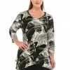 Jostar Women's Stretchy V-Neck Binding Top 3/4 Sleeve Print-313BN-QRP1-W120 Quarter Sleeves