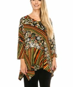 Jostar Women's Stretchy V-Neck Binding Top 3/4 Sleeve Print-313BN-QRP1-W160 Quarter Sleeves