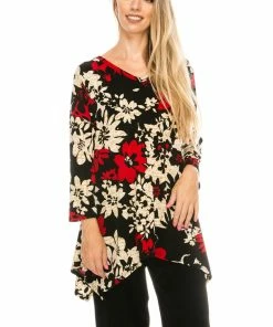 Jostar Women's Stretchy V-Neck Binding Top 3/4 Sleeve Print-313BN-QRP1-W161