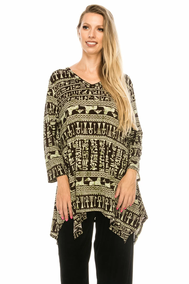 Jostar Women's Stretchy V-Neck Binding Top 3/4 Sleeve Print-313BN-QRP1-W164 Quarter Sleeves