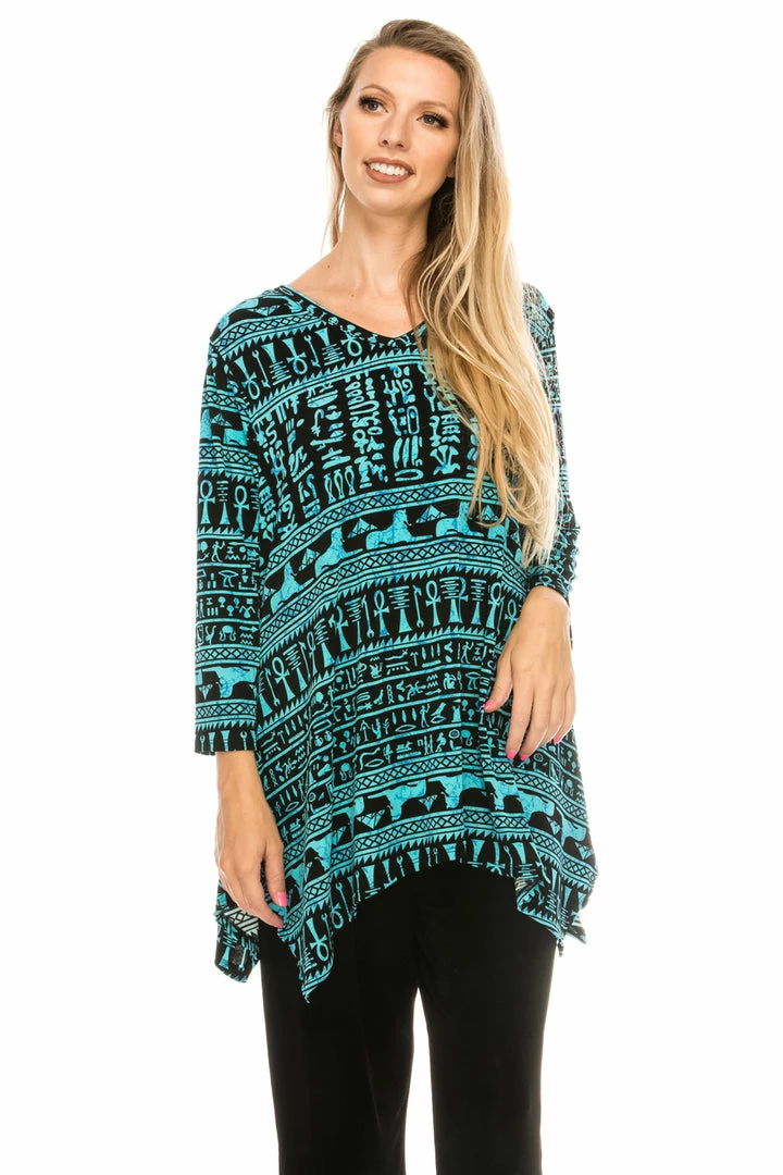 Jostar Women's Stretchy V-Neck Binding Top 3/4 Sleeve Print-313BN-QRP1-W164 Quarter Sleeves