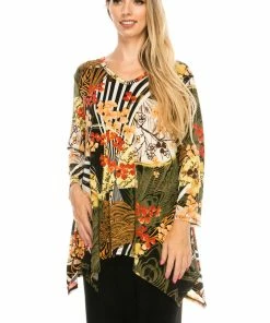 Jostar Women's Stretchy V-Neck Binding Top 3/4 Sleeve Print-313BN-QRP1-W168 Quarter Sleeves