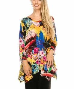 Quarter Sleeves Jostar Women's Stretchy V-Neck Binding Top 3/4 Sleeve Print-313BN-QRP1-W169