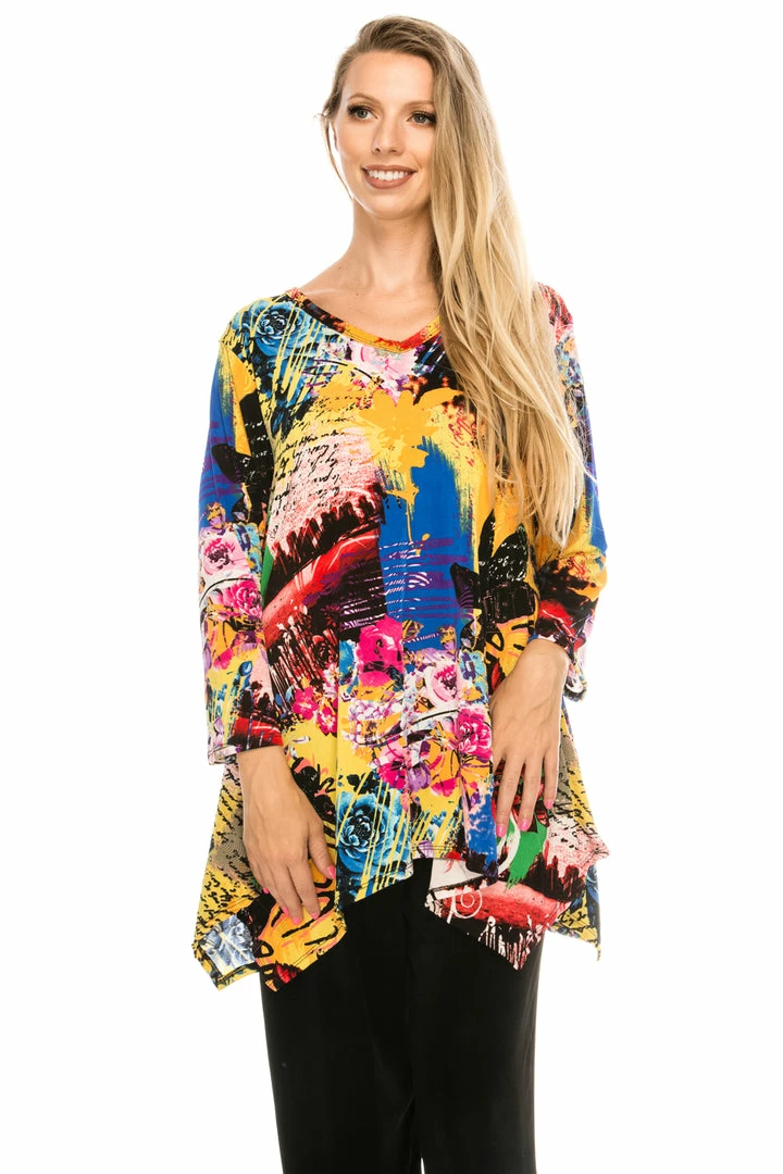 Quarter Sleeves Jostar Women's Stretchy V-Neck Binding Top 3/4 Sleeve Print-313BN-QRP1-W169