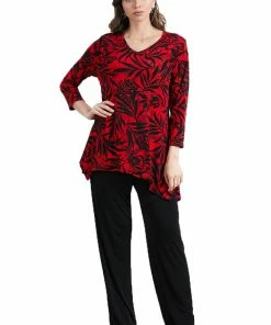 Jostar Women's Stretchy V-Neck Binding Top 3/4 Sleeve Print-313BN-QRP1-W173 Quarter Sleeves