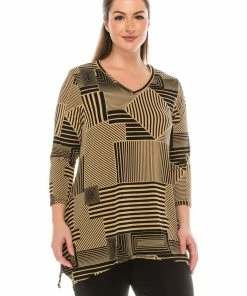 Jostar Stretchy V-Neck Binding Top 3/4 Sleeve Print-313BN-QRP1-W911 Tops