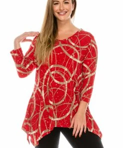 Jostar Plus Size Glitter V-Neck Binding Top 3/4 Sleeve Print Plus, 313GL-QXP-G008