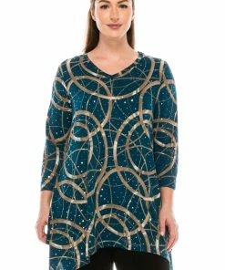 Jostar Glitter V-Neck Binding Top 3/4 Sleeve Print-313GL-QRP1-G008 Tops