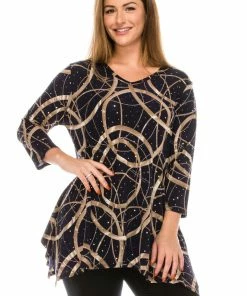 Jostar Plus Size Glitter V-Neck Binding Top 3/4 Sleeve Print Plus, 313GL-QXP-G008