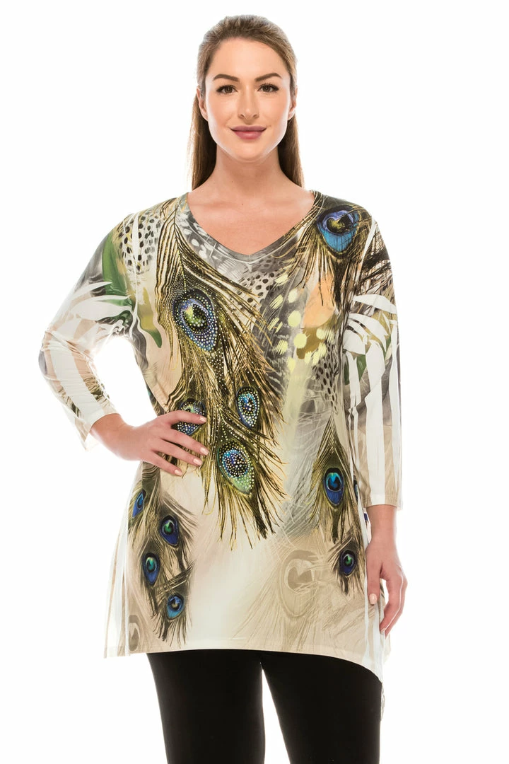 Jostar Women's HIT V-Neck Binding Top 3/4 Sleeve Sublimation Rhinestones-313HT-QRU1-R-U052 Tops