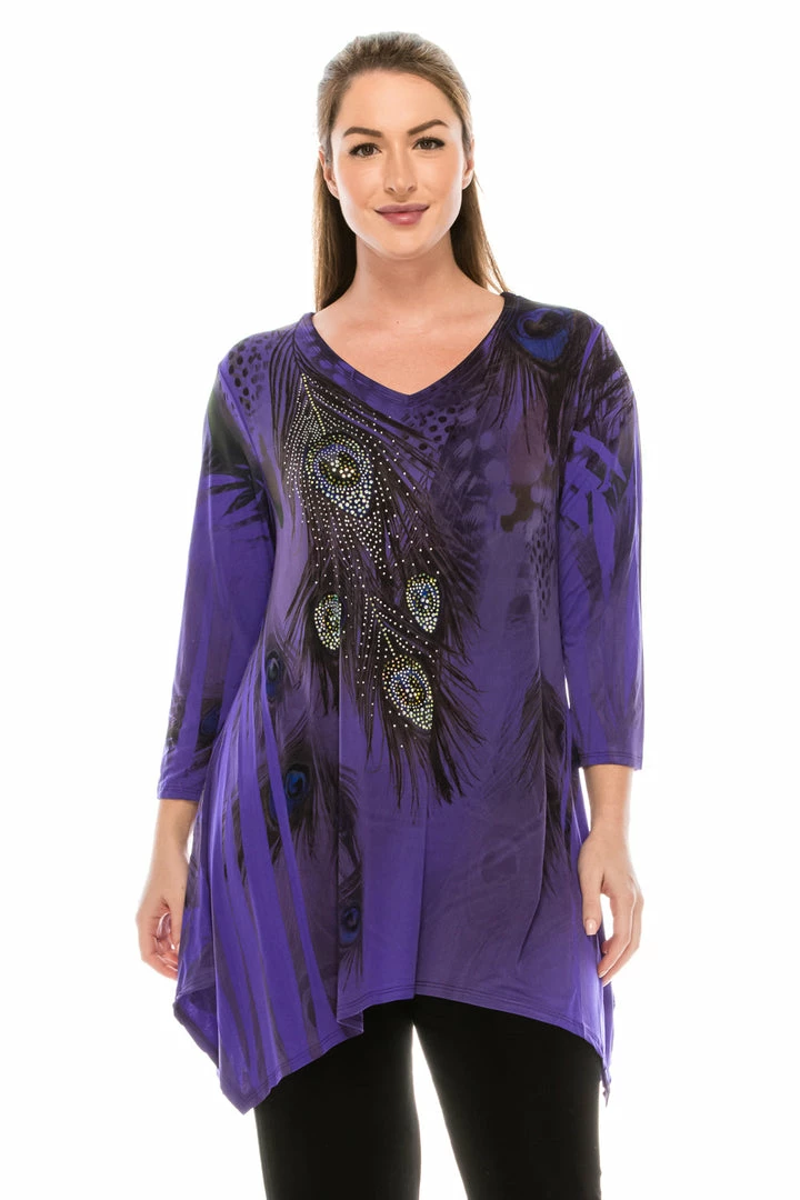 Jostar Women's HIT V-Neck Binding Top 3/4 Sleeve Sublimation Rhinestones-313HT-QRU1-R-U052 Tops