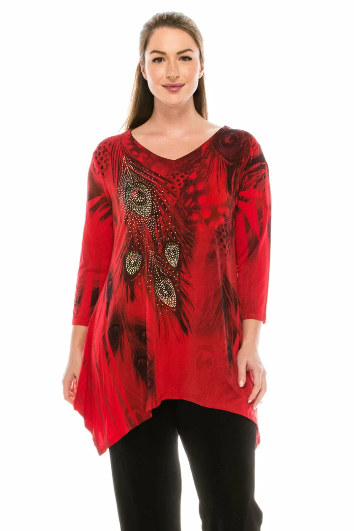 Jostar Women's HIT V-Neck Binding Top 3/4 Sleeve Sublimation Rhinestones-313HT-QRU1-R-U052 Tops