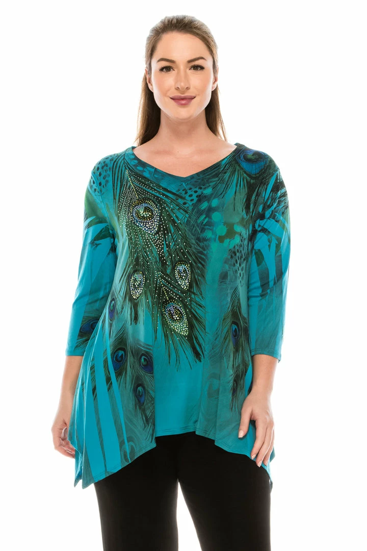 Jostar Women's HIT V-Neck Binding Top 3/4 Sleeve Sublimation Rhinestones-313HT-QRU1-R-U052 Tops