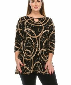 Jostar Tops Glitter Key-Hole Top 3/4 Sleeve Printed-335GL-QRP1-G008