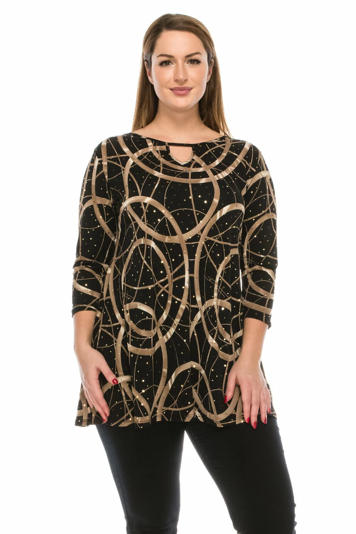 Jostar Tops Glitter Key-Hole Top 3/4 Sleeve Printed-335GL-QRP1-G008