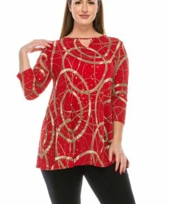 Jostar Tops Glitter Key-Hole Top 3/4 Sleeve Printed-335GL-QRP1-G008