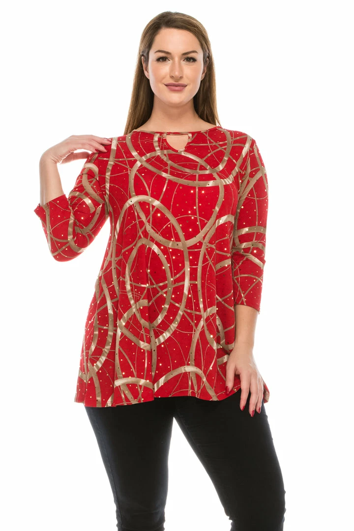 Jostar Tops Glitter Key-Hole Top 3/4 Sleeve Printed-335GL-QRP1-G008