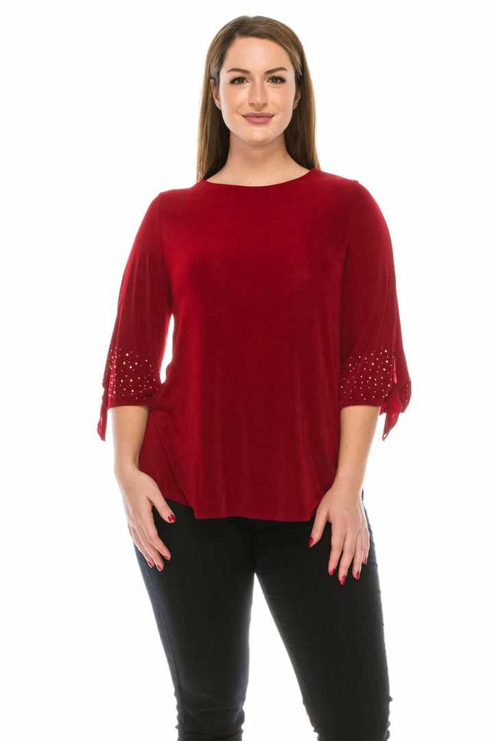 Jostar Women's Non Iron Tie-Bell Sleeve Top With Rhinestone-342AY-QRS1-R Non Iron ( Acetate )