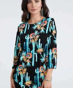 Jostar Women's Stretchy Rounded Bottom Tunic Top Quarter Sleeve Print-346BN-QRP1-W039 Quarter Sleeves