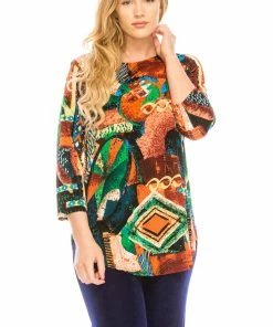 Jostar Women's Stretchy Rounded Bottom Tunic Top Quarter Sleeve Print-346BN-QRP1-W090 Quarter Sleeves