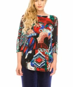 Jostar Women's Stretchy Rounded Bottom Tunic Top Quarter Sleeve Print-346BN-QRP1-W090 Quarter Sleeves
