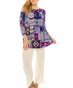 Jostar Women's Stretchy Rounded Bottom Tunic Top Quarter Sleeve Print-346BN-QRP1-W166 Quarter Sleeves