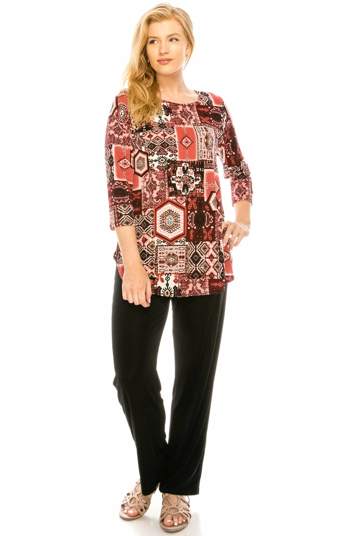 Jostar Women's Stretchy Rounded Bottom Tunic TopQuarter Sleeve Print Plus, 346BN-QXP-W166 Tops