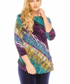 Jostar Women's Stretchy Rounded Bottom Tunic TopQuarter Sleeve Print Plus, 346BN-QXP-W182 Tops